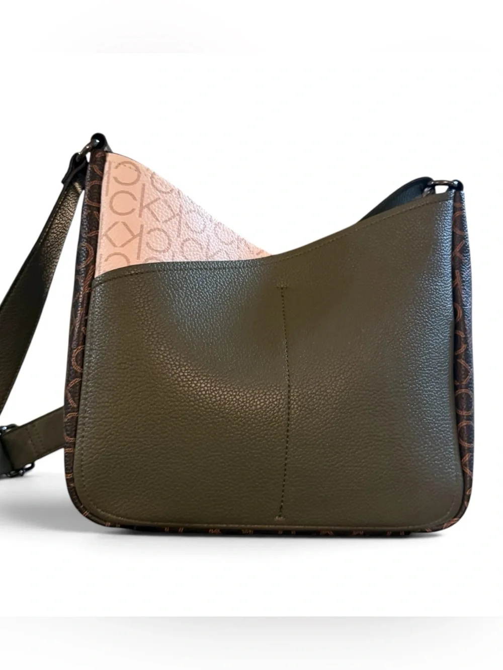 Calvin Klein Olive Green Pebbled Leather Like Shoulder Bag Monogram Trim Adjust